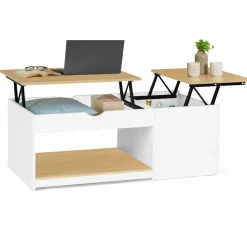 IDMarket Table basse 2 plateaux relevables bois blanc et façon hêtre* Meubles Blancs|Meubles En Bois