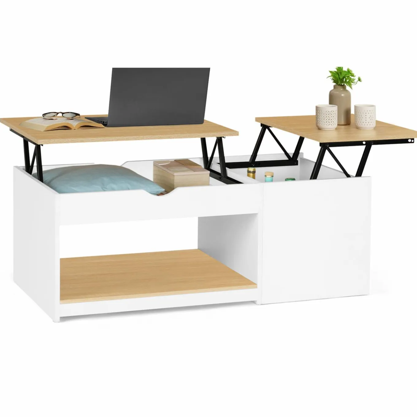 IDMarket Table basse 2 plateaux relevables bois blanc et façon hêtre* Meubles Blancs|Meubles En Bois