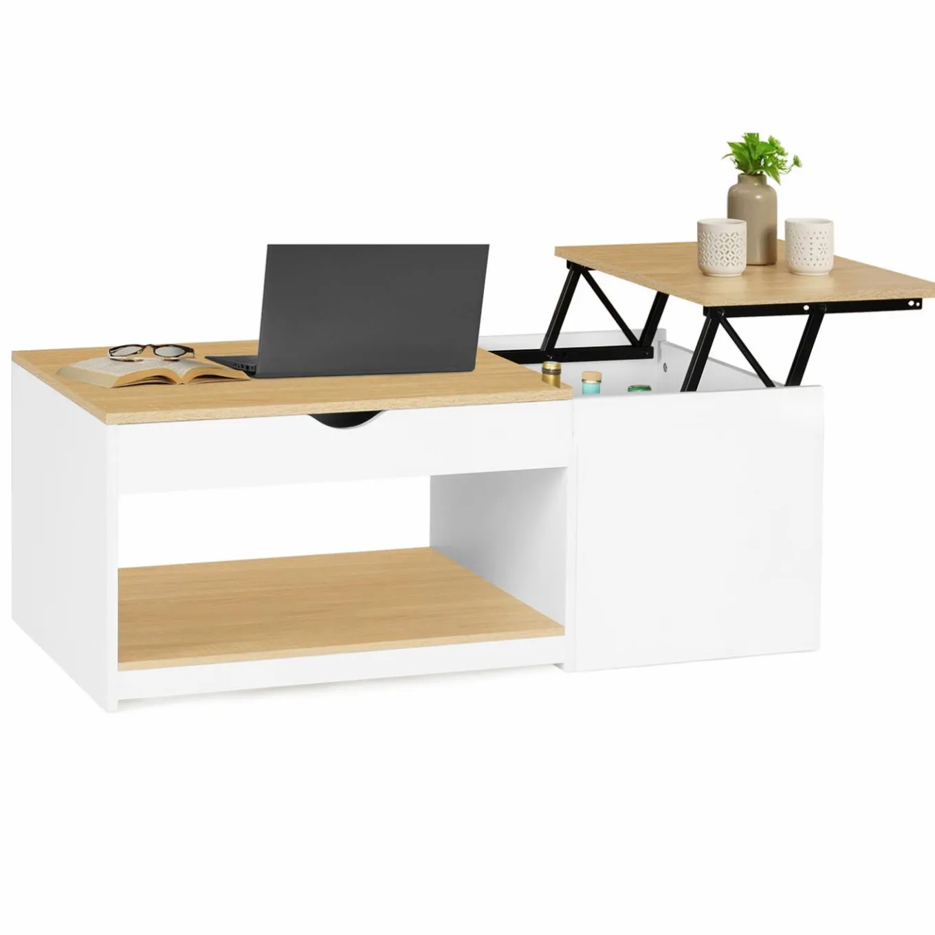 IDMarket Table basse 2 plateaux relevables bois blanc et façon hêtre* Meubles Blancs|Meubles En Bois