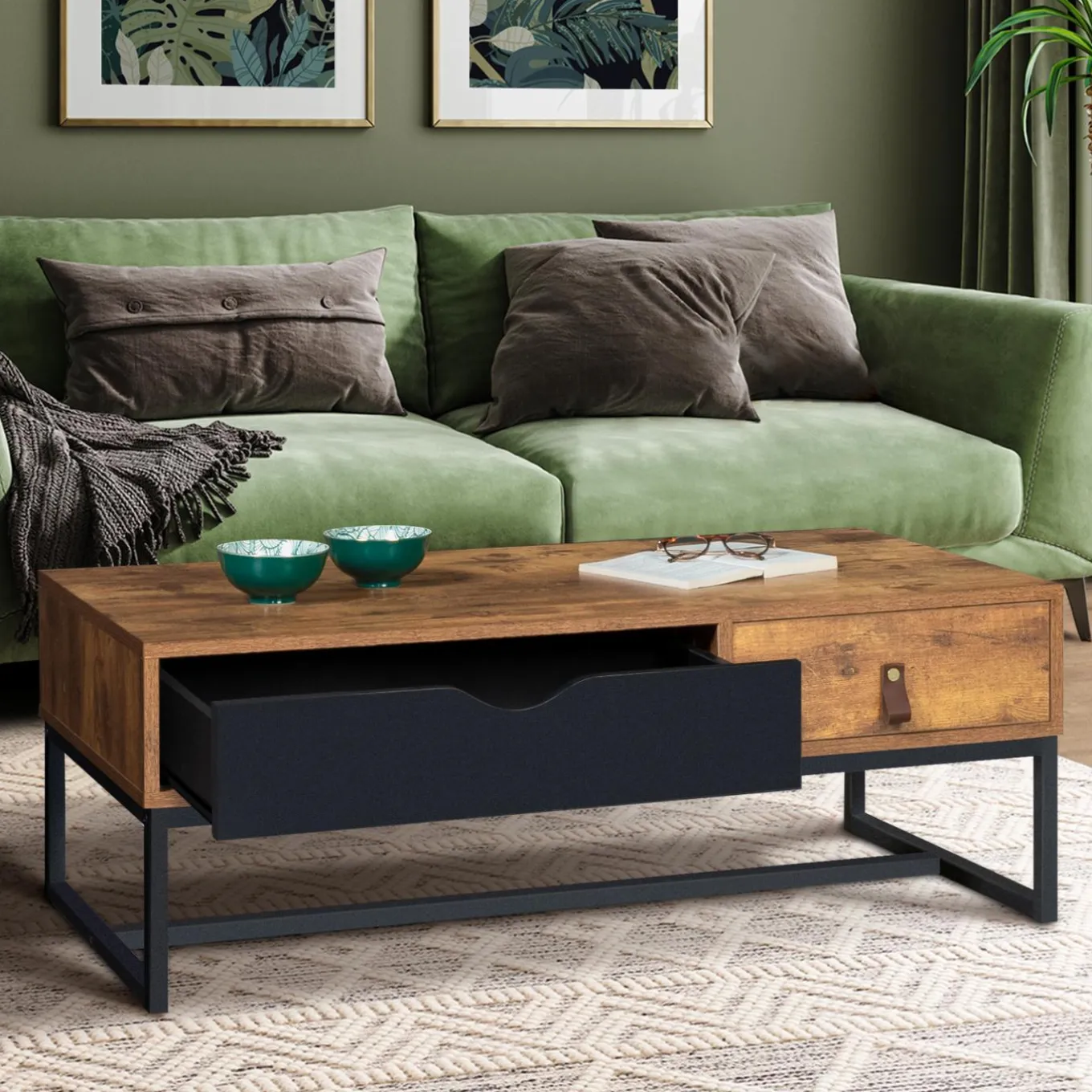 IDMarket Table basse 2 tiroirs style industriel effet bois vieilli* Collection Vintage|Collection Industrielle