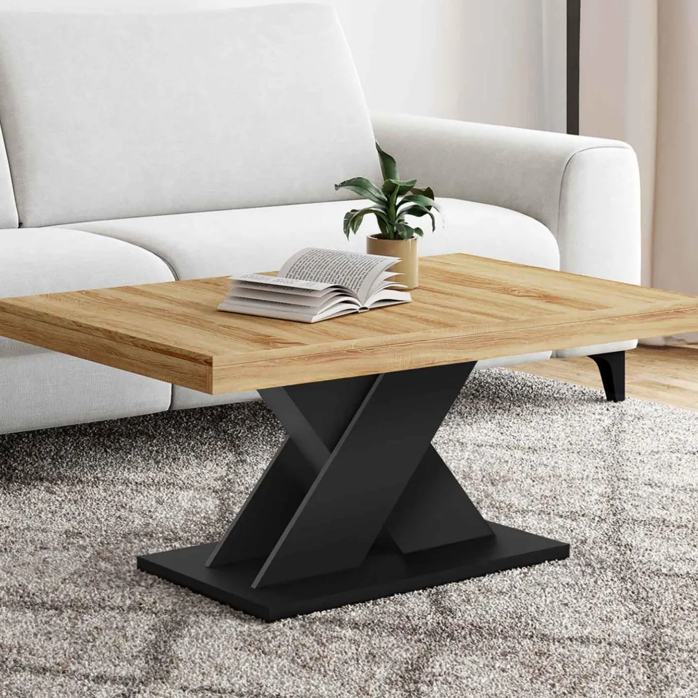 IDMarket Table basse avec plateau bois et pied en X noir* Tables Basses