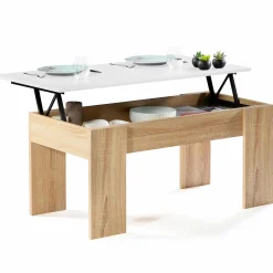 IDMarket Table basse avec plateau relevable bois blanc et imitation hêtre* Collection Design|Collection Contemporaine