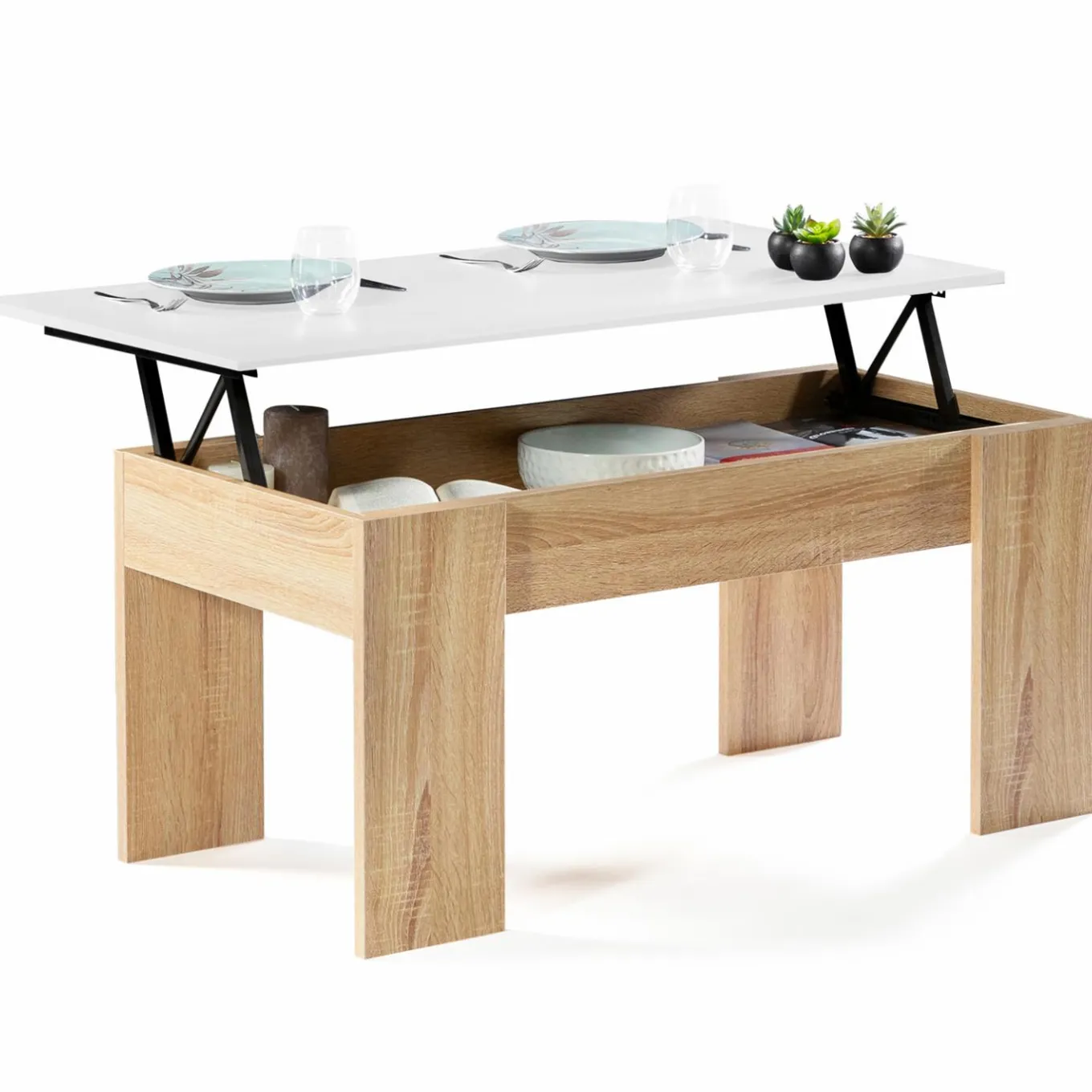 IDMarket Table basse avec plateau relevable bois blanc et imitation hêtre* Collection Design|Collection Contemporaine
