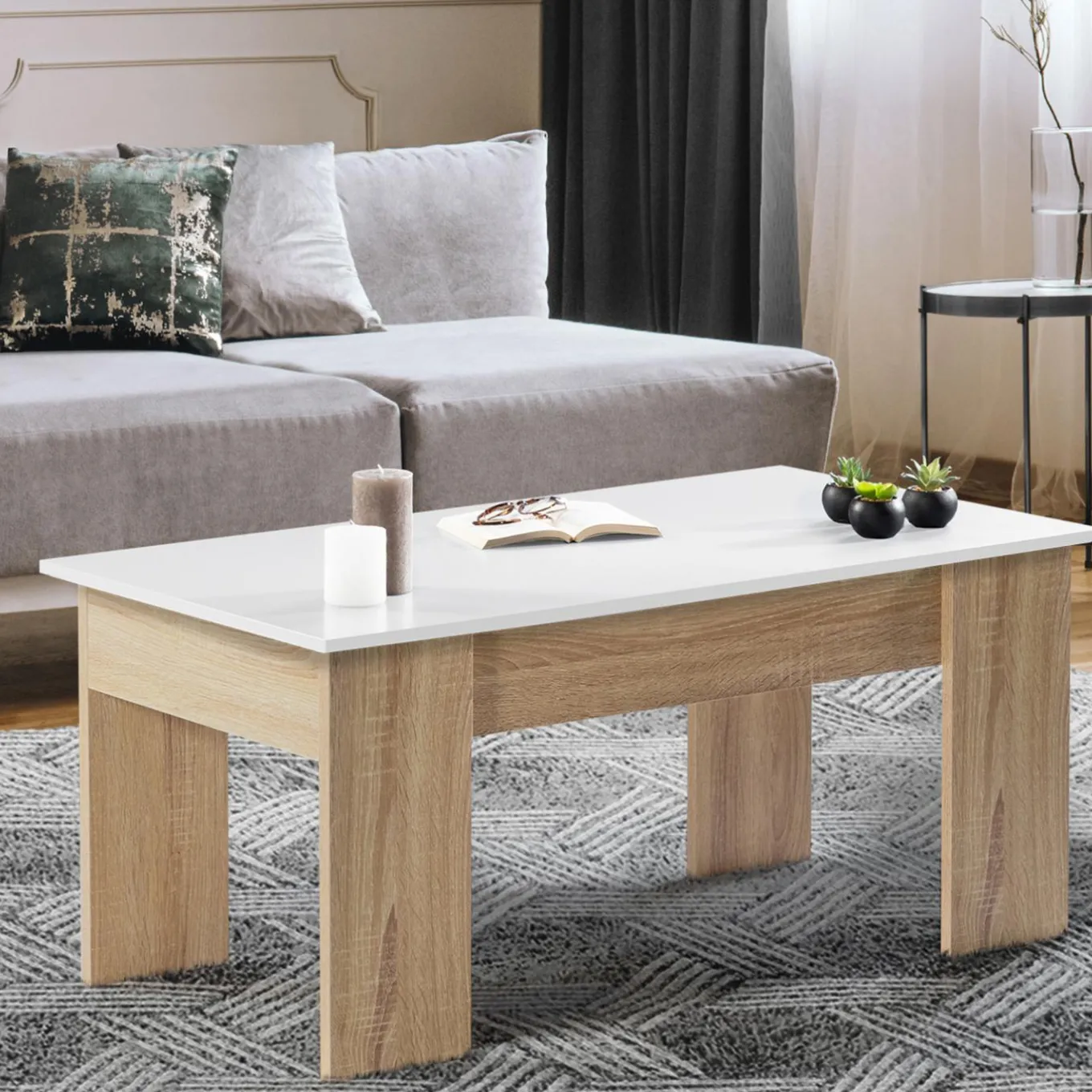 IDMarket Table basse avec plateau relevable bois blanc et imitation hêtre* Collection Design|Collection Contemporaine