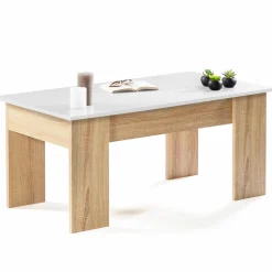 IDMarket Table basse avec plateau relevable bois blanc et imitation hêtre* Collection Design|Collection Contemporaine