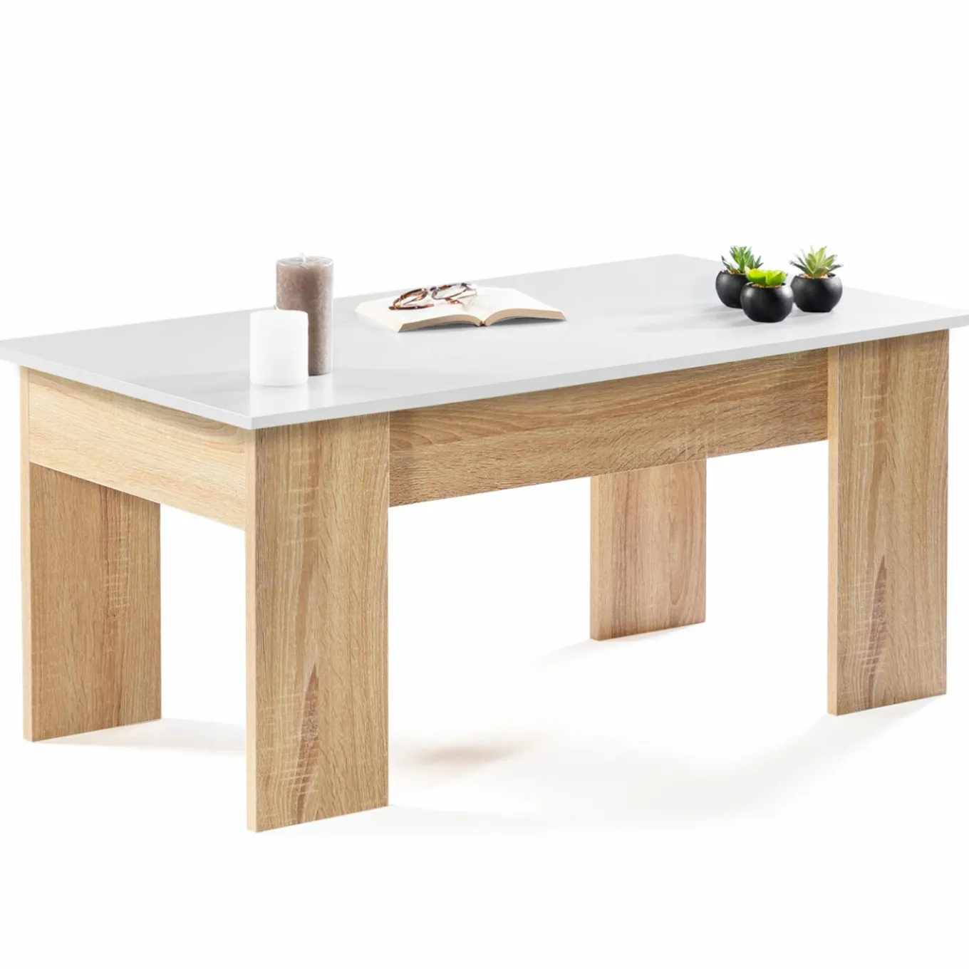 IDMarket Table basse avec plateau relevable bois blanc et imitation hêtre* Collection Design|Collection Contemporaine