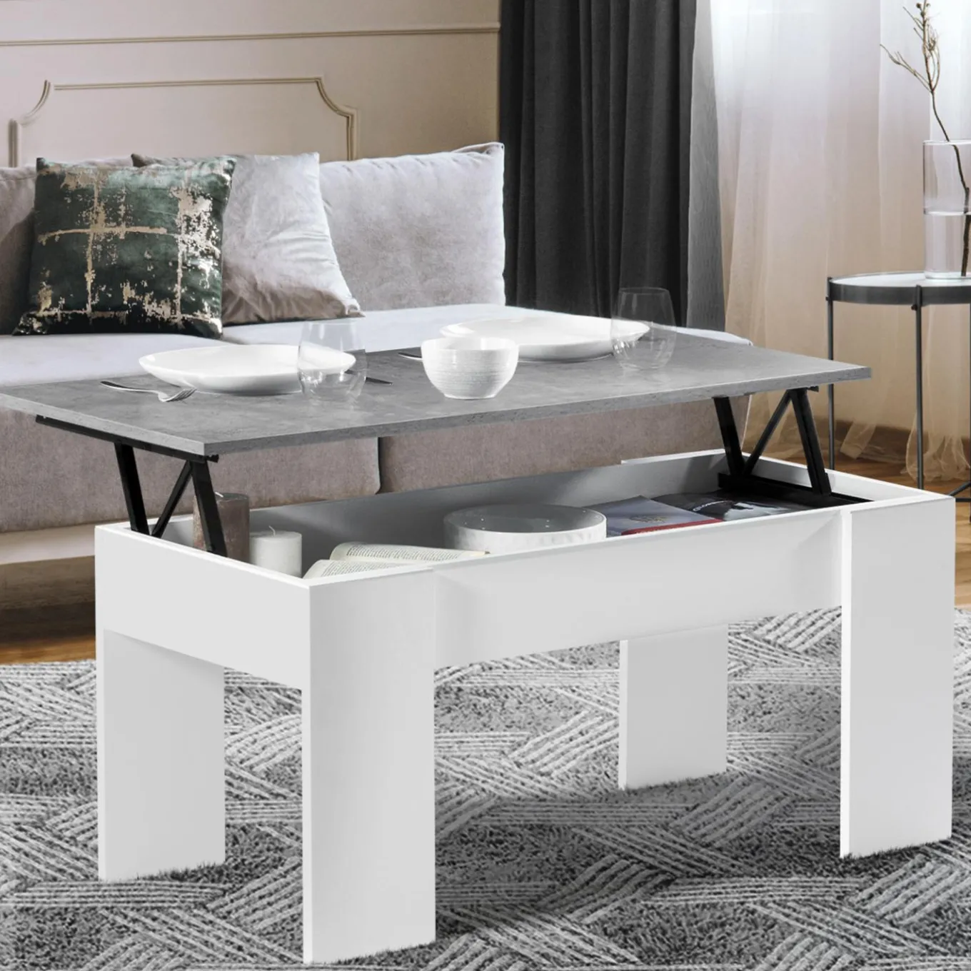 IDMarket Table basse bois blanc plateau relevable effet béton* Meubles Blancs|Collection Design