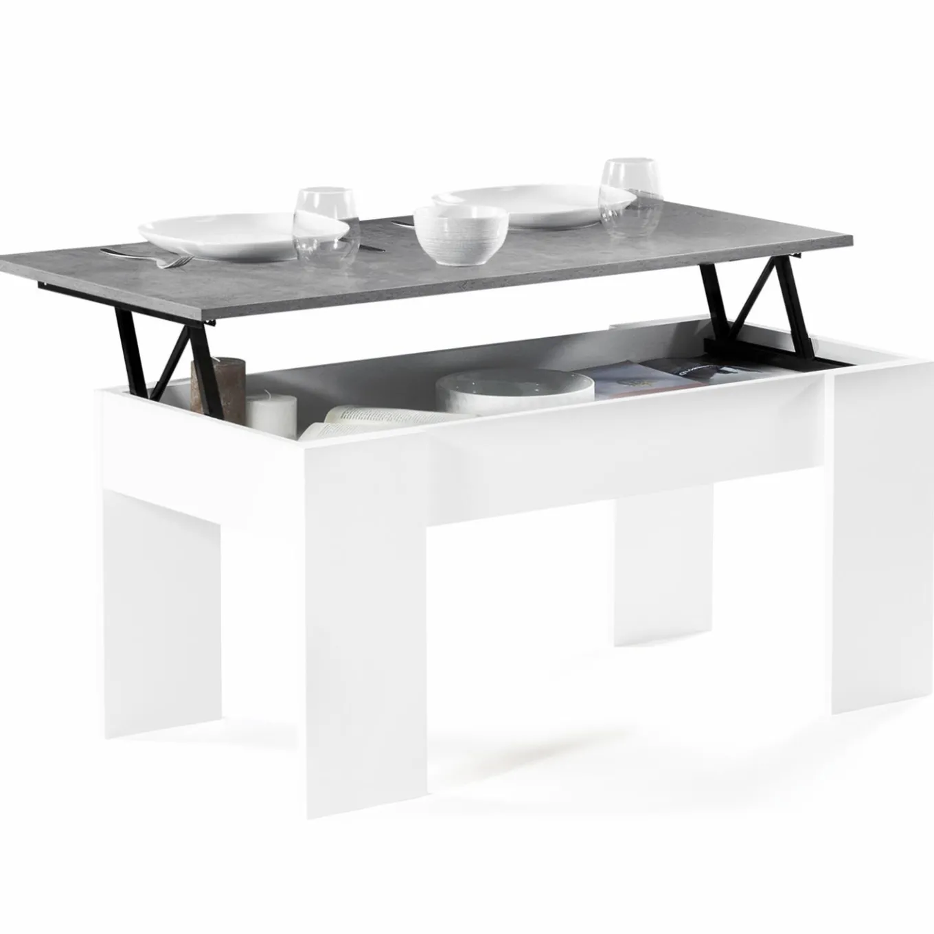 IDMarket Table basse bois blanc plateau relevable effet béton* Meubles Blancs|Collection Design