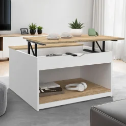 IDMarket Table basse carrée blanche avec plateau relevable et coffre bois* Petits Meubles|Tables Basses