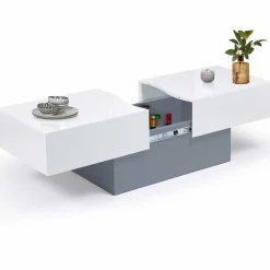 IDMarket Table basse coulissante blanche et grise avec rangement mini bar intégré* Collection Design|Collection Contemporaine