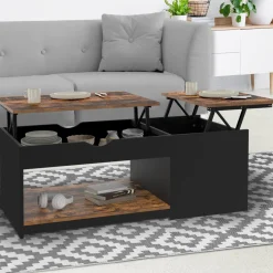 IDMarket Table basse double plateau relevable bois foncé effet vieilli et noir avec coffre* Collection Vintage|Tables Basses