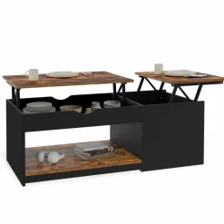 IDMarket Table basse double plateau relevable bois foncé effet vieilli et noir avec coffre* Collection Vintage|Tables Basses