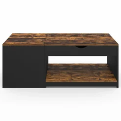 IDMarket Table basse double plateau relevable bois foncé effet vieilli et noir avec coffre* Collection Vintage|Tables Basses