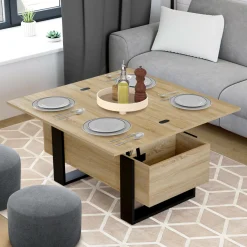 IDMarket Table basse industrielle convertible en table à manger bois et noir* Salon Complet|Tables Basses