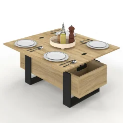 IDMarket Table basse industrielle convertible en table à manger bois et noir* Salon Complet|Tables Basses