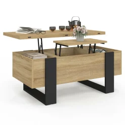 IDMarket Table basse industrielle convertible en table à manger bois et noir* Salon Complet|Tables Basses