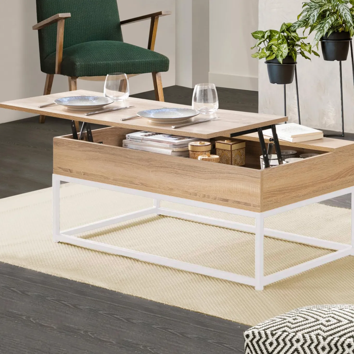 IDMarket Table basse industrielle blanche et bois avec plateau relevable* Collection Industrielle|Salon Complet