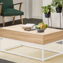 IDMarket Table basse industrielle blanche et bois avec plateau relevable* Collection Industrielle|Salon Complet