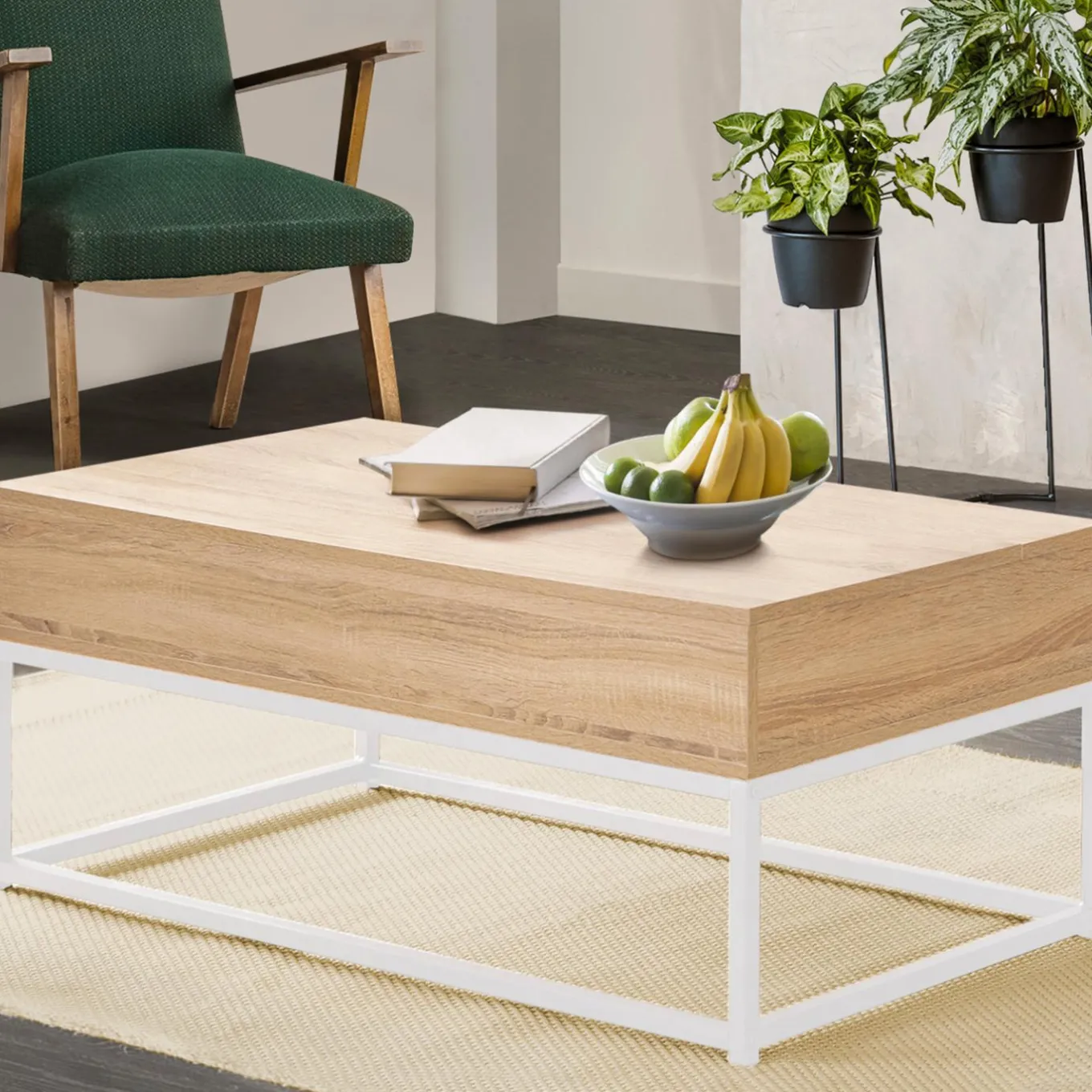 IDMarket Table basse industrielle blanche et bois avec plateau relevable* Collection Industrielle|Salon Complet