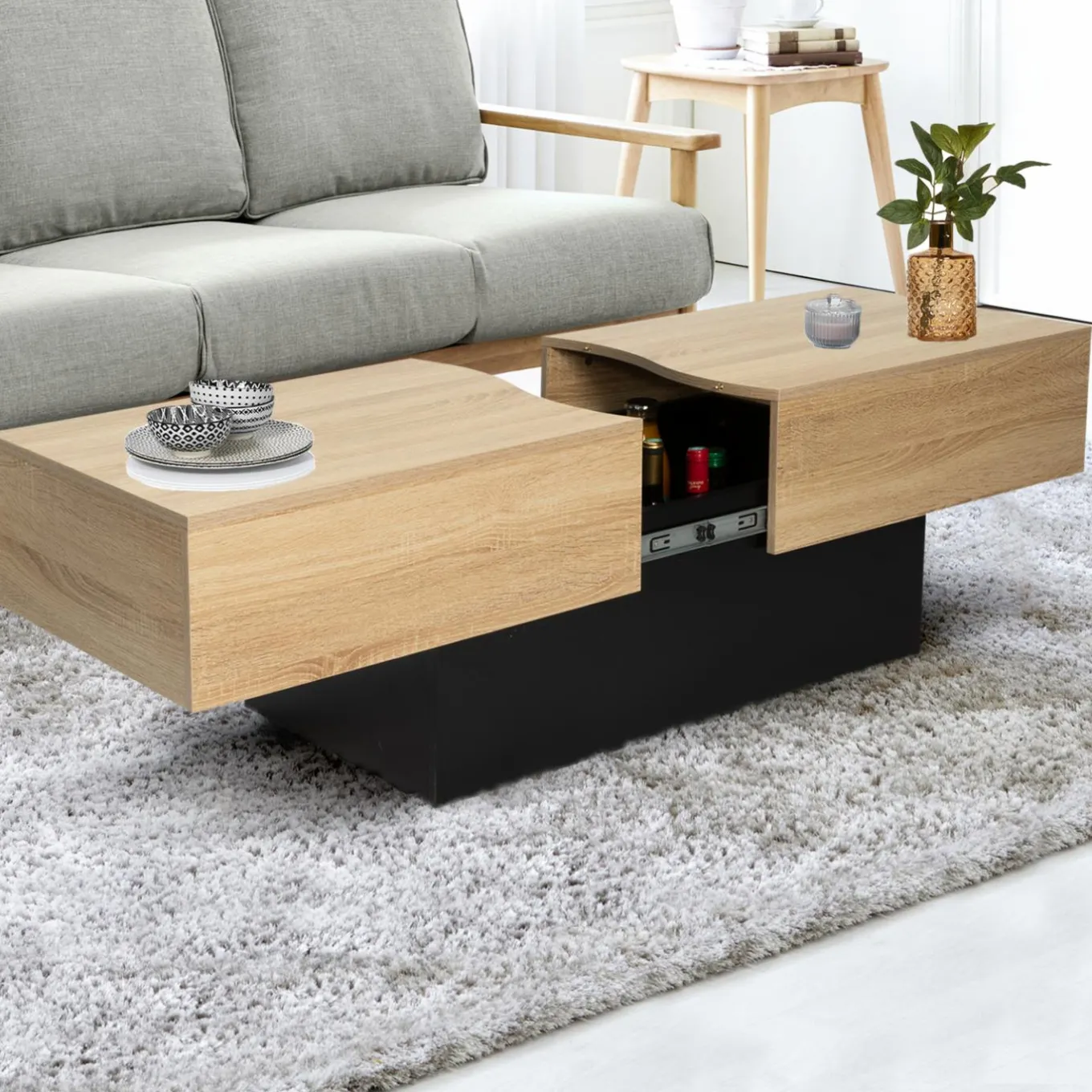 IDMarket Table basse moderne bicolore avec rangement mini bar intégré* Collection Contemporaine|Salon Complet