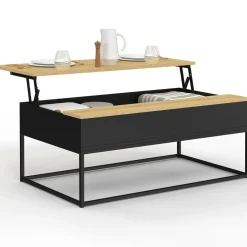 IDMarket Table basse noire style industriel avec plateau relevable en bois façon hêtre* Meubles En Bois|Collection Industrielle