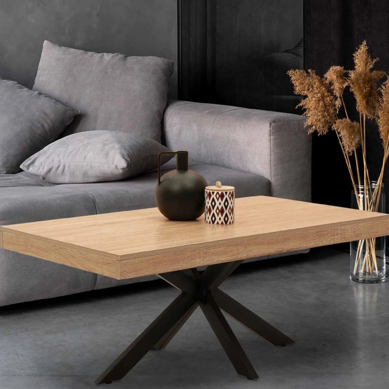 IDMarket Table basse pied araignée bois et noir* Collection Industrielle|Salon Complet
