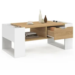 IDMarket Table basse rectangulaire avec tiroir bois blanc et façon hêtre* Collection Contemporaine|Tables Basses