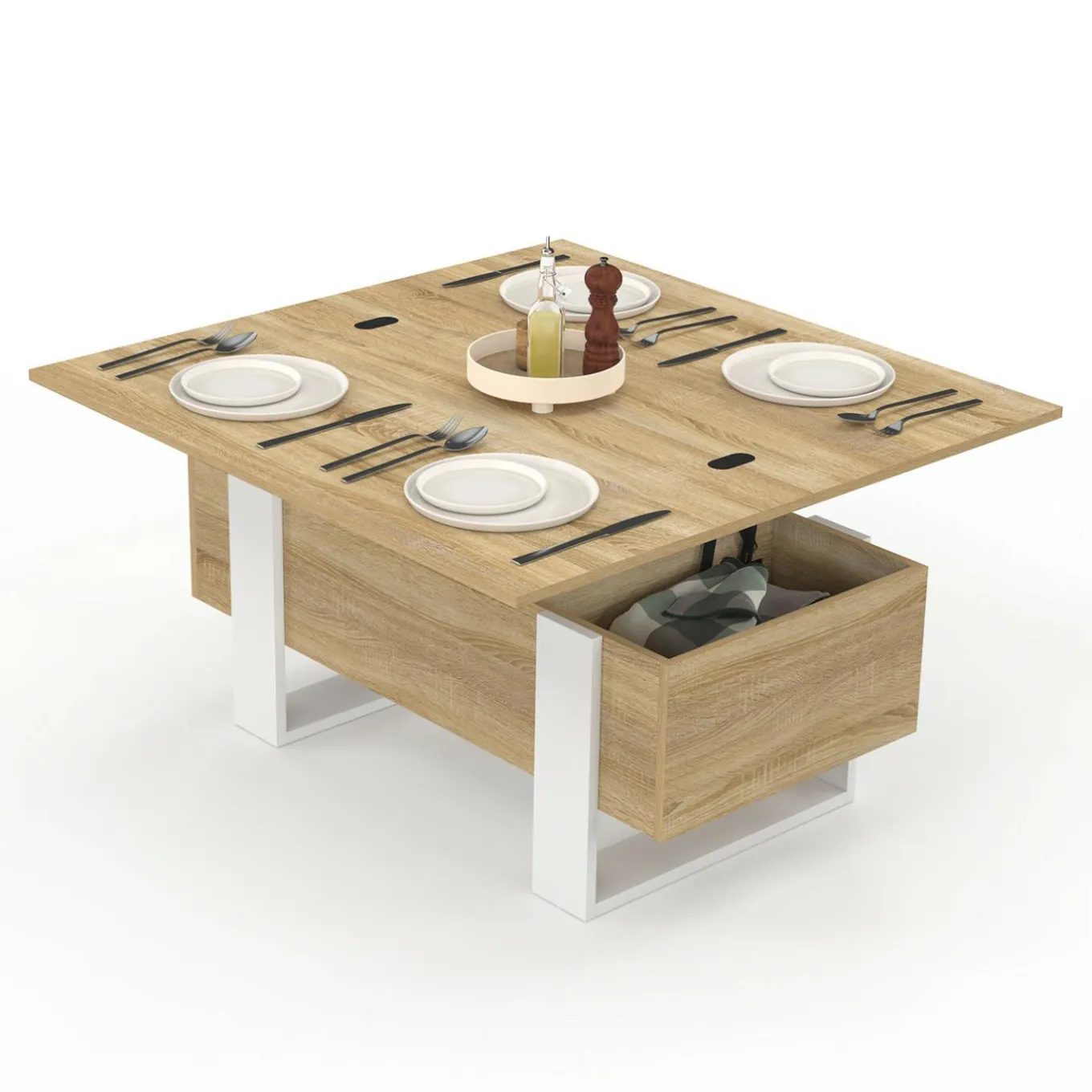 IDMarket Table basse rectangulaire relevable convertible en table à manger bois et blanc* Tables Basses|Salon Complet
