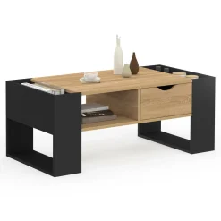 IDMarket Table basse rectangulaire avec tiroir bois noir et façon hêtre* Collection Contemporaine|Tables Basses
