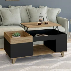 IDMarket Table basse rectangulaire plateau relevable bois et noir plateau amovible avec coffre* Meubles En Bois|Collection Moderne