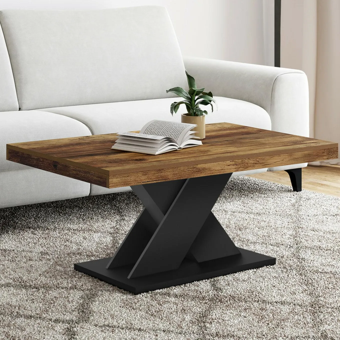 IDMarket Table basse rectangulaire 100cm plateau bois vieilli et pied X noir* Tables Basses