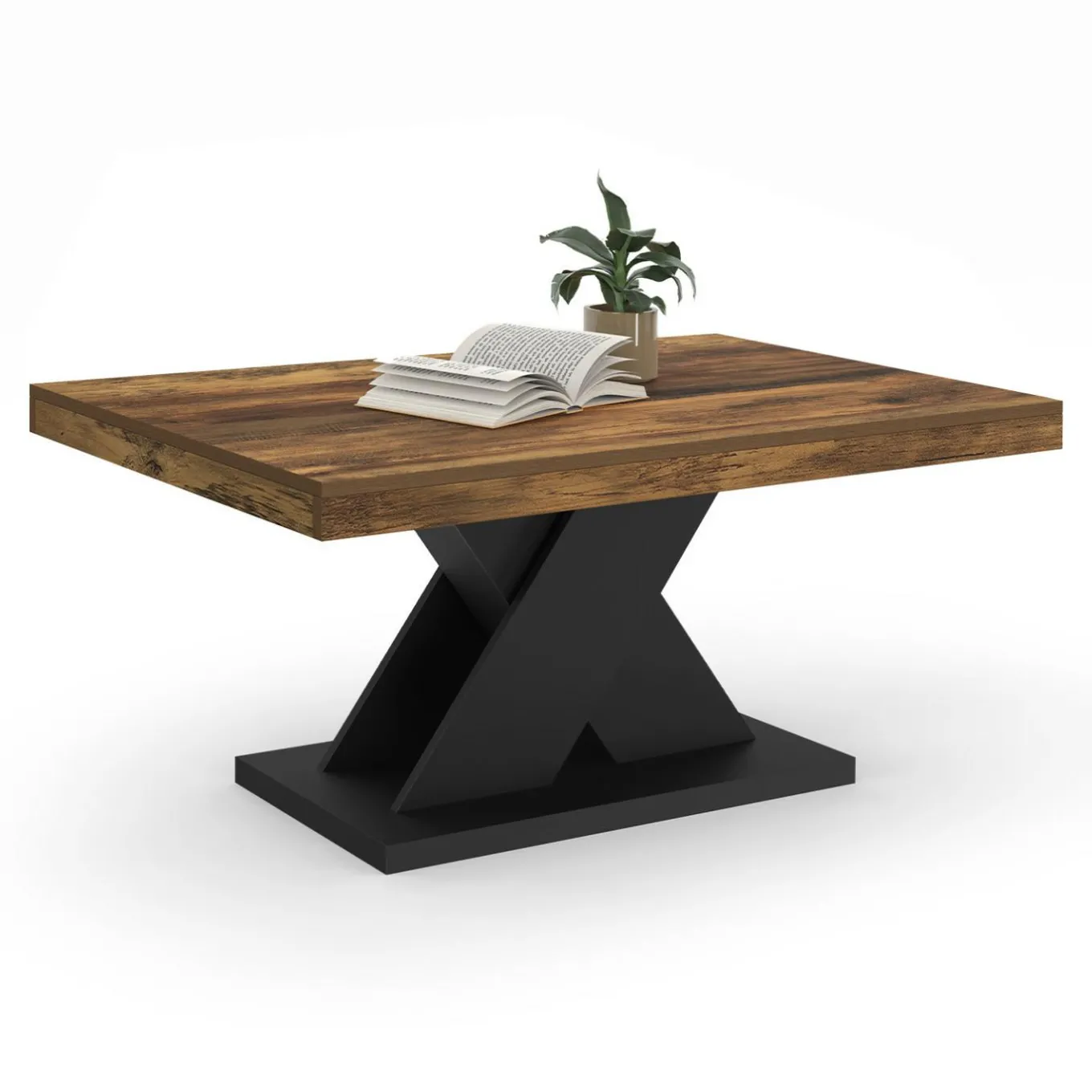 IDMarket Table basse rectangulaire 100cm plateau bois vieilli et pied X noir* Tables Basses