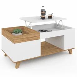 IDMarket Table basse rectangulaire bois et blanc plateau relevable et coffre* Meubles En Bois|Collection Moderne