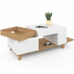 IDMarket Table basse rectangulaire bois et blanc plateau relevable et coffre* Meubles En Bois|Collection Moderne
