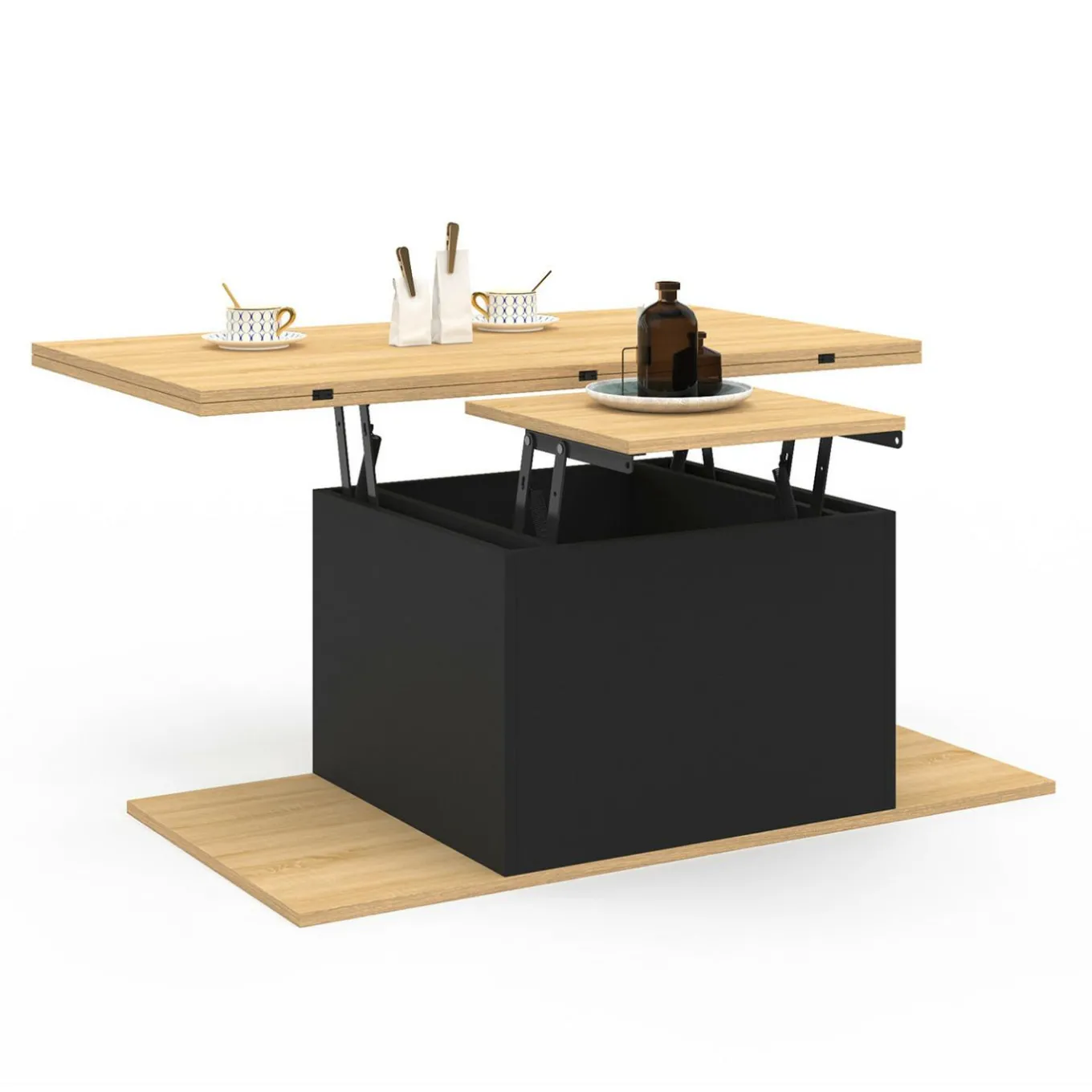 IDMarket Table basse rectangulaire double plateau relevable avec poufs bois et noir convertible en table à manger* Collection Moderne|Salon Complet