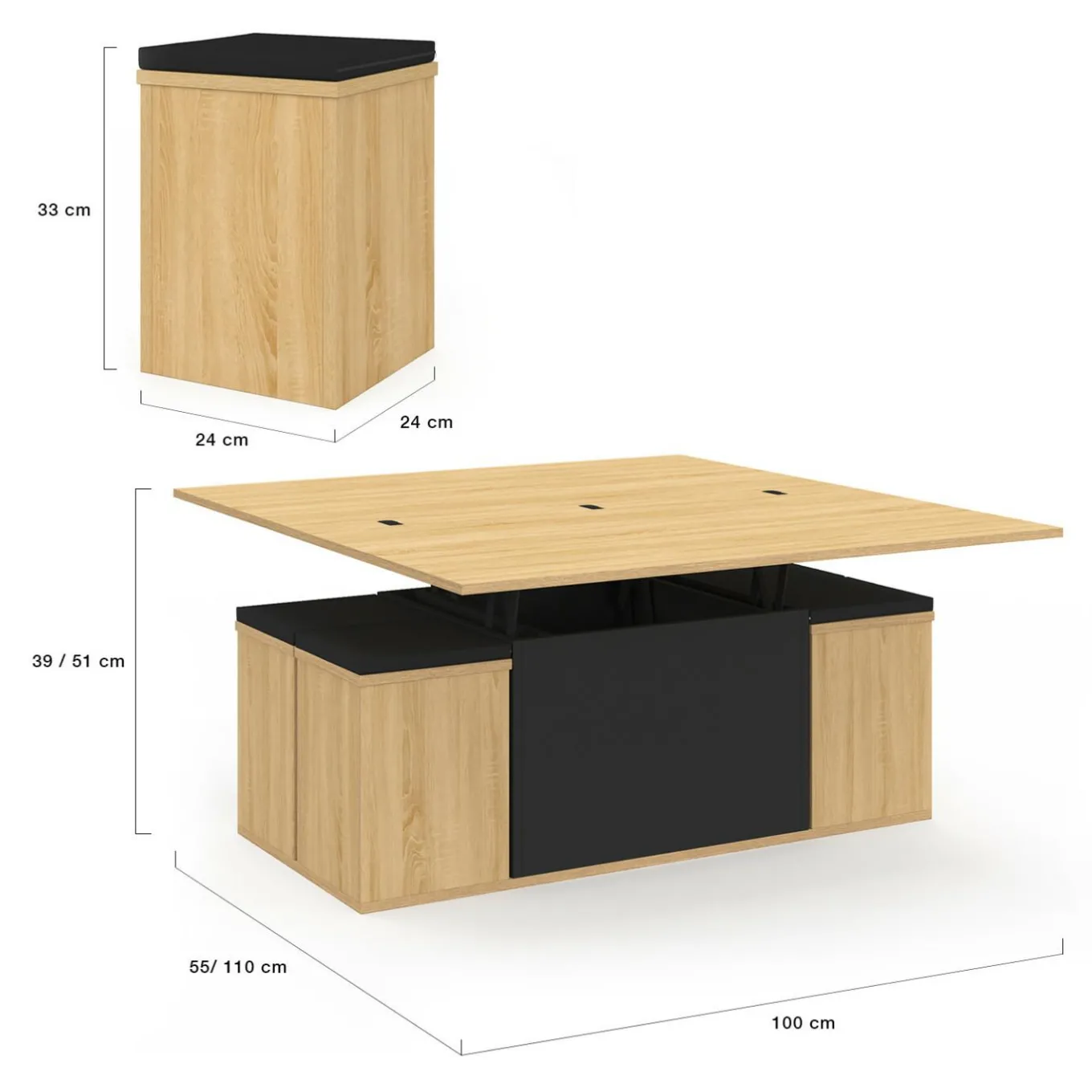 IDMarket Table basse rectangulaire double plateau relevable avec poufs bois et noir convertible en table à manger* Collection Moderne|Salon Complet