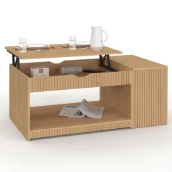 IDMarket Table basse rectangulaire plateau relevable avec coffre lattes tasseau bois coloris chêne* Collection Design|Collection Moderne