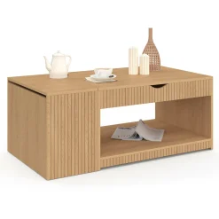IDMarket Table basse rectangulaire plateau relevable avec coffre lattes tasseau bois coloris chêne* Collection Design|Collection Moderne