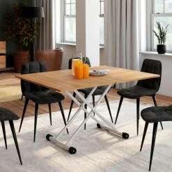 IDMarket Table basse relevable en table à manger industrielle avec plateau façon hêtre* Collection Design|Salon Complet