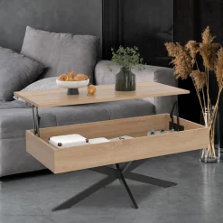 IDMarket Table basse relevable industrielle rectangulaire bois et noir 100 cm pied araignée* Collection Design|Salon Complet