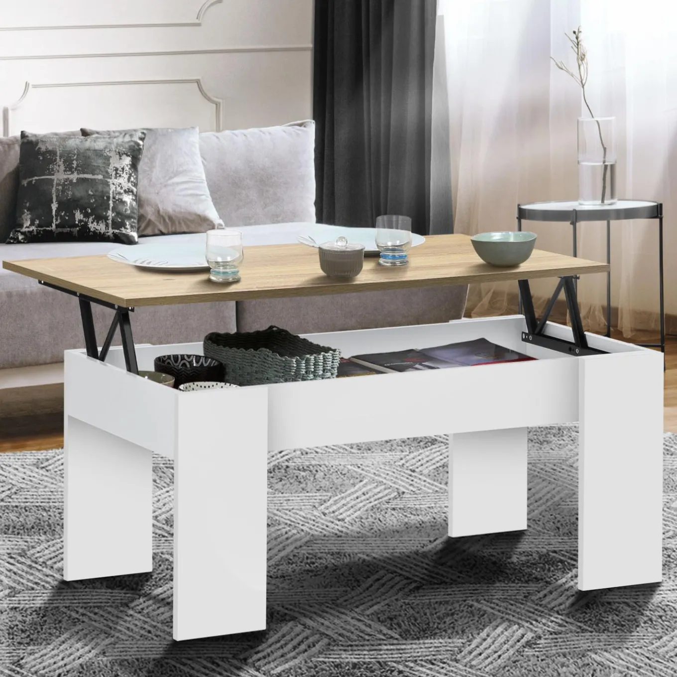 IDMarket Table basse relevable rectangulaire bois blanc et imitation hêtre* Collection Design|Salon Complet