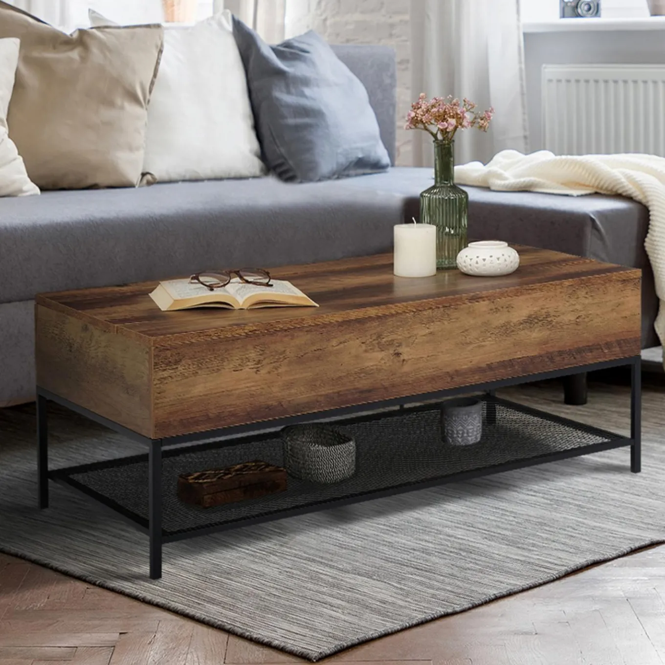 IDMarket Table basse relevable style industriel effet bois vieilli* Meubles Bas|Collection Industrielle