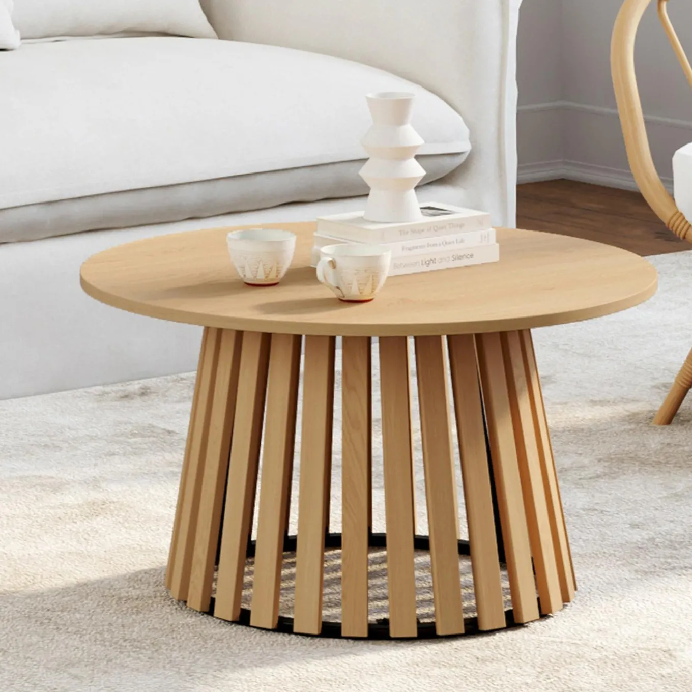 IDMarket Table basse ronde 70 cm pied bois en lattes et plateau bois* Collection Contemporaine|Tables Basses
