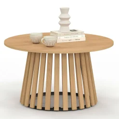 IDMarket Table basse ronde 70 cm pied bois en lattes et plateau bois* Collection Contemporaine|Tables Basses
