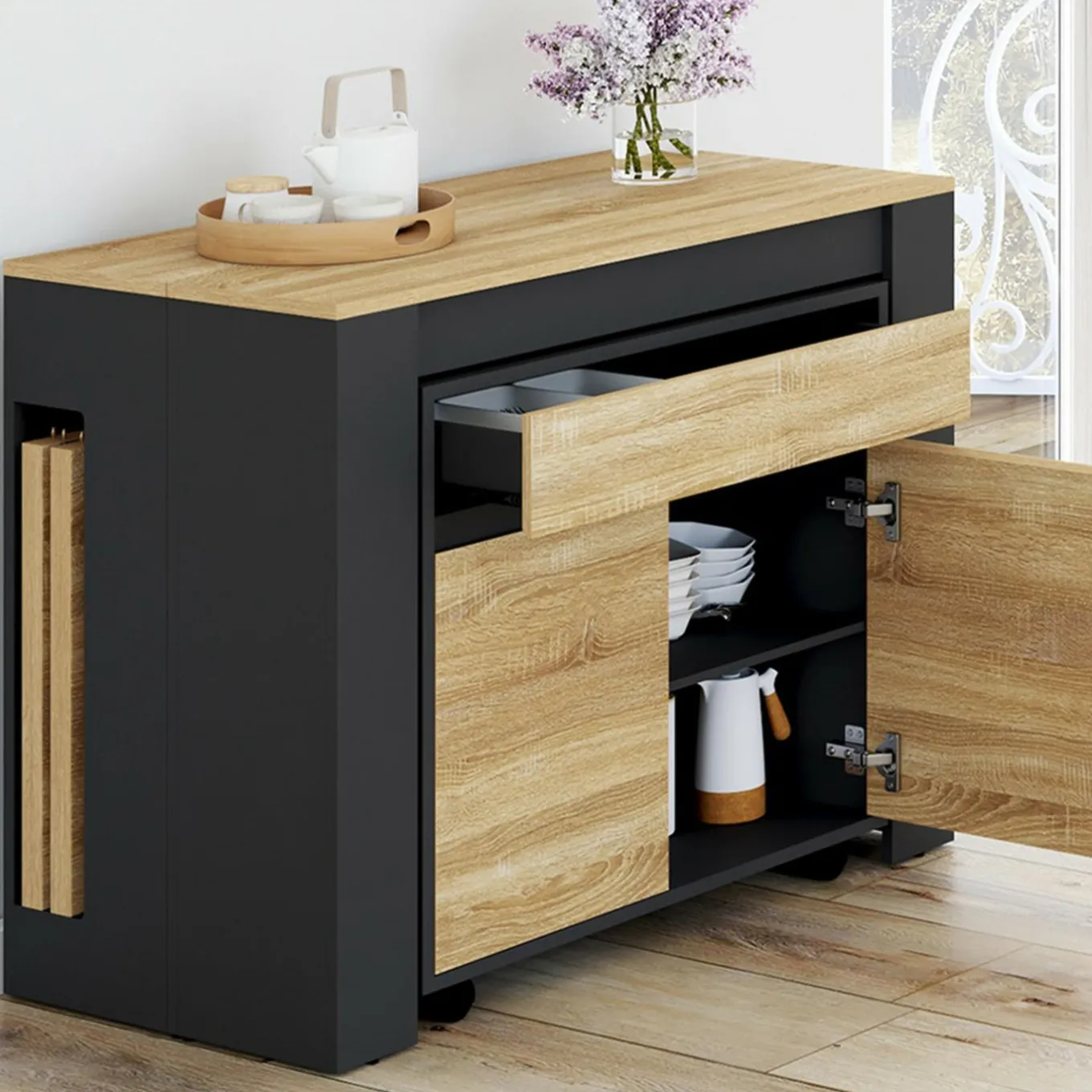 IDMarket Table buffet extensible 10 personnes 235 cm bois et noir* Meubles Noirs|Meubles En Bois