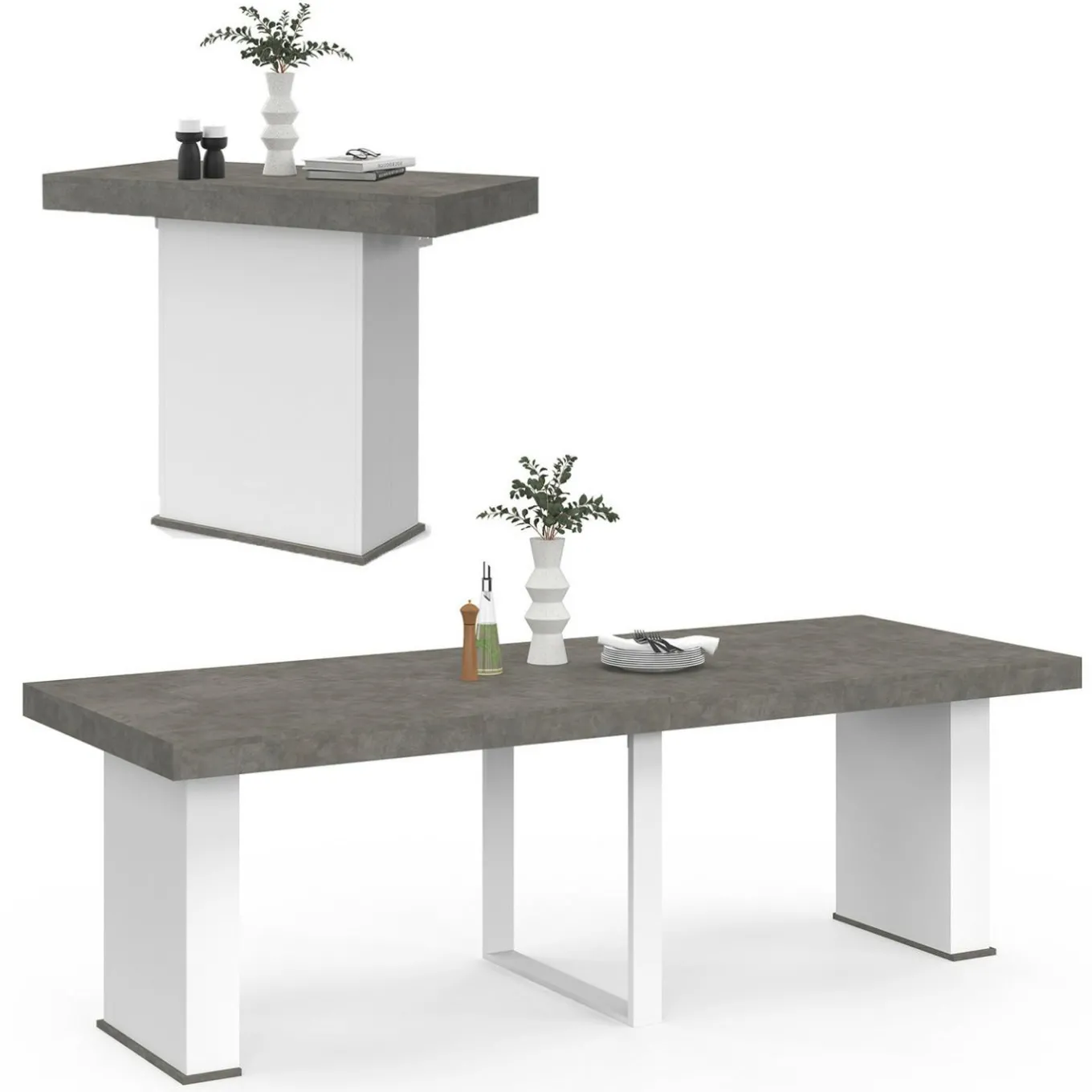 IDMarket Table console extensible 10 personnes 235 cm béton et blanc* Consoles|Consoles De Cuisine