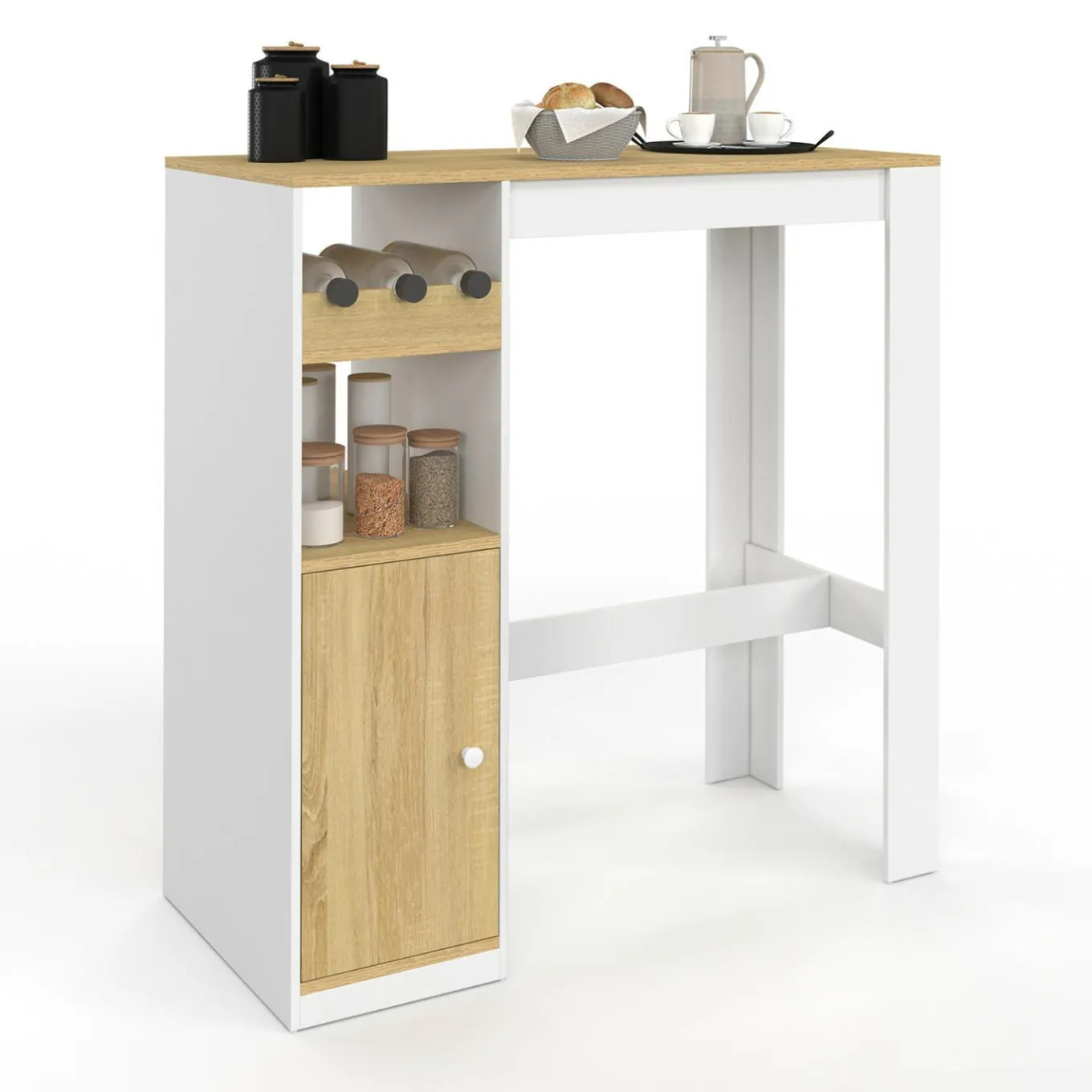 IDMarket Table de bar 2 personnes bois et blanc avec placard et range bouteilles* Tables Hautes