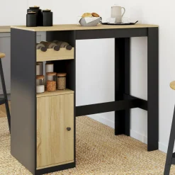 IDMarket Table de bar 2 personnes bois et noir avec placard et range bouteilles* Mange Debout|Tables Hautes