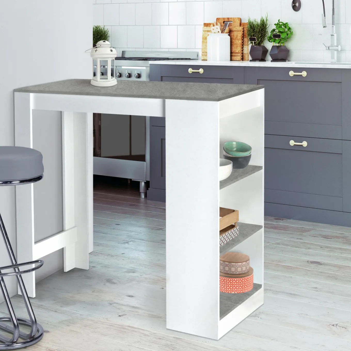 IDMarket Table de bar haute 2 à 4 personnes blanche et grise effet béton* Meubles Blancs|Collection Design