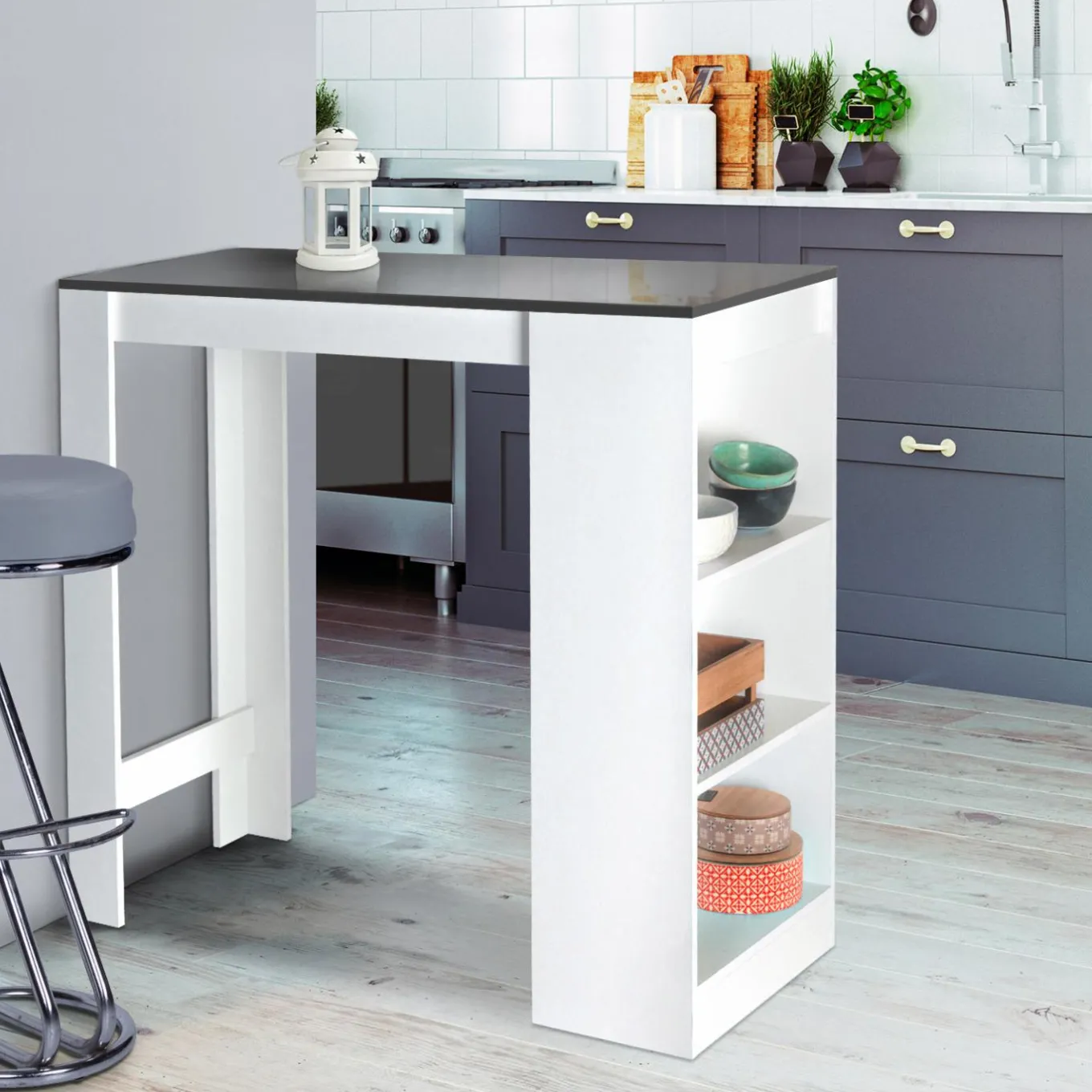 IDMarket Table de bar haute 2 à 4 personnes avec rangement* Meubles Hauts|Meubles Blancs